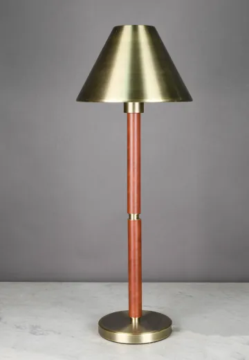 Wooden & Brass Accented Tall Table Lamp w/Brass Metal Shade