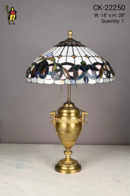 Brass Urn Style Table Lamp w/Multicolor Slag Glass Sahde