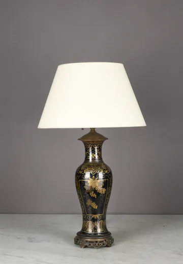 Black & Gold Floral Painted Table Lamp w/Brass Footed Base