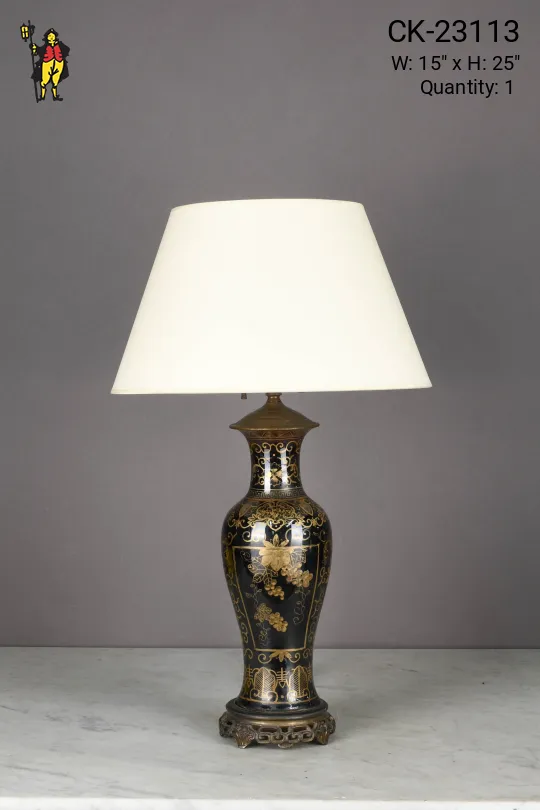 Black & Gold Floral Painted Table Lamp w/Brass Footed Base