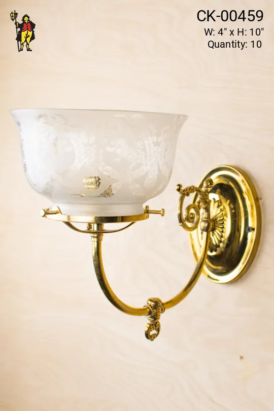 Gas Style Polished Brass Curved Arm Wall Sconce With Etched Glass Shade
