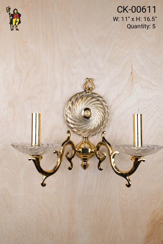 Two Arm Polished Brass Wall Sconce With Crystal Shades & Backplate
