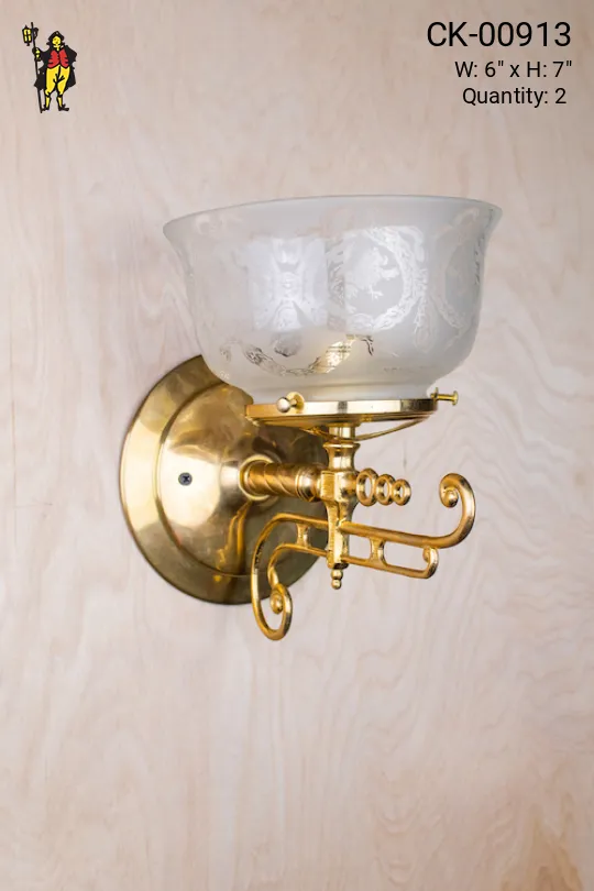 Oil Style Brass Single Decorative Arm Wall Sconce w/Etched Glass Shade