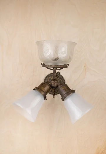 Antique Three Light Wall Sconce w/Frosted Glass & Etched Bowl Shades