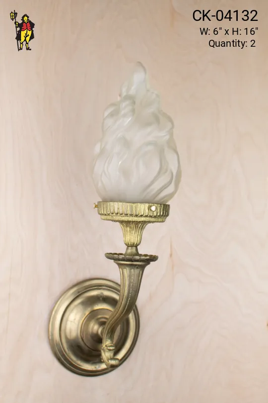 Brass Curved Arm Torch Sconce w/Glass Flame Shade