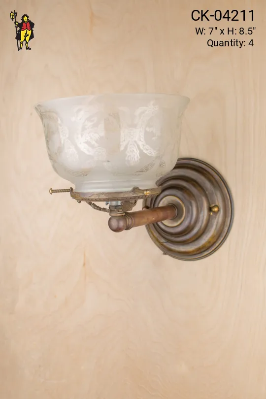 Straight Arm Brass Wall Sconce w/Etched Glass Bowl Shade
