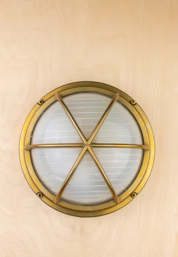 Round Brass Cage Wall Sconce w/Frosted Glass