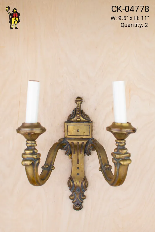 Two Candle Curved Brass Arm Wall Sconce