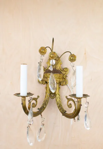 Two Candle Victorian Brass Wall Sconce w/Crystal Drops