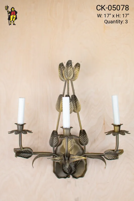 Three Candle Floral Brass Sconce