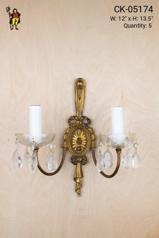 Antique Brass Two Candle Wall Sconce w/Crystal Drops