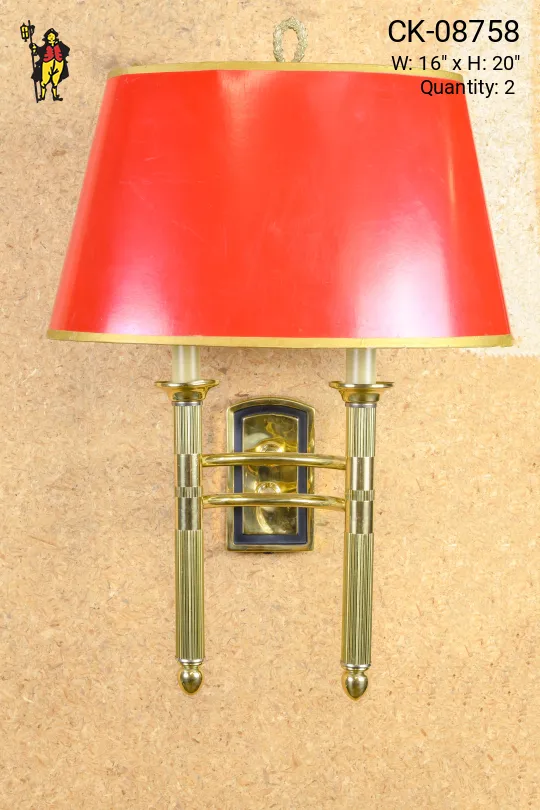 Red Paper Shaded Two Candle Brass Wall Sconce