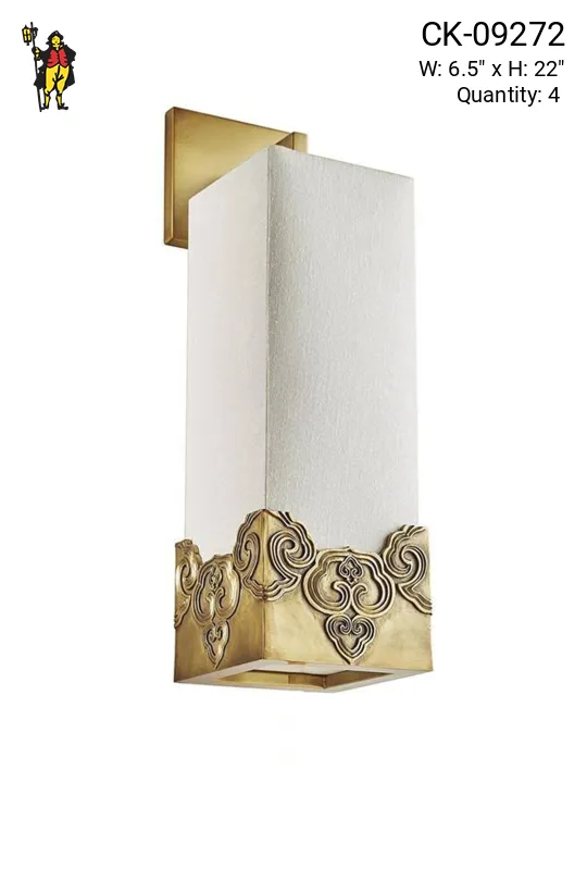 Tall Brass Wall Sconce w/White Fabric Shade