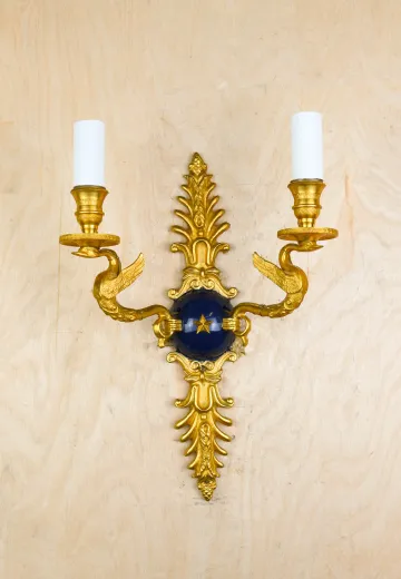Art Deco Two Candle Brass & Black Wall Sconce