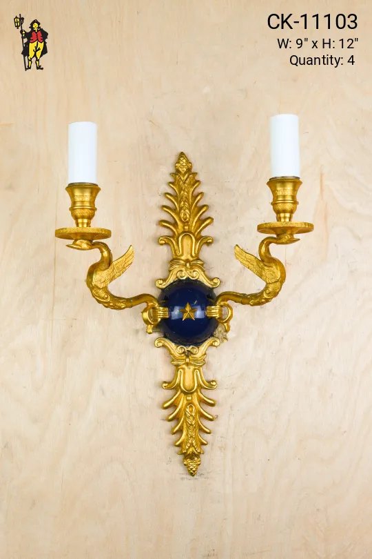 Art Deco Two Candle Brass & Black Wall Sconce