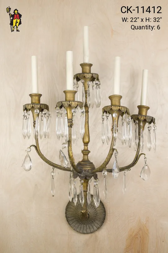 Five Candle Brass & Crystal Wall Sconce