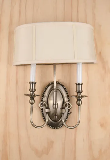 Nickel Two Candle Wall Sconce w/Fabric Shield Shade